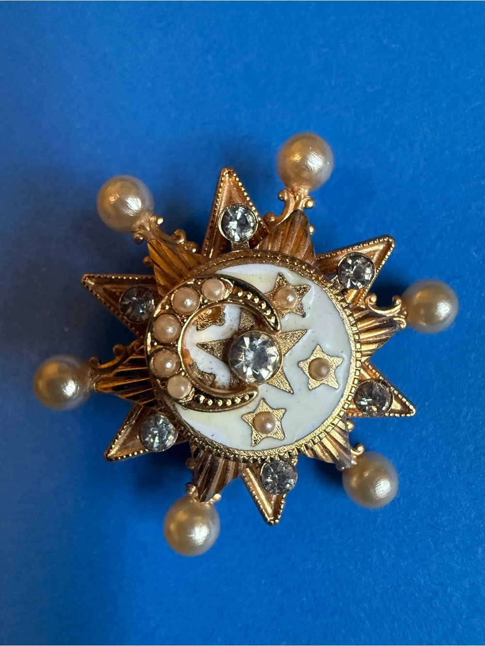Gold-Tone Crescent & Star Pearl Pin Brooch - Gold and White